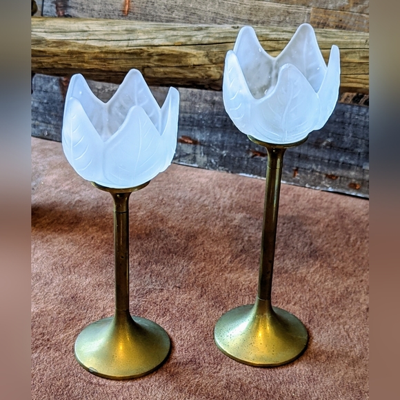 Vintage Collectible Holiday Brass And Frosted Glass Tulip Candle Holders Poshmark